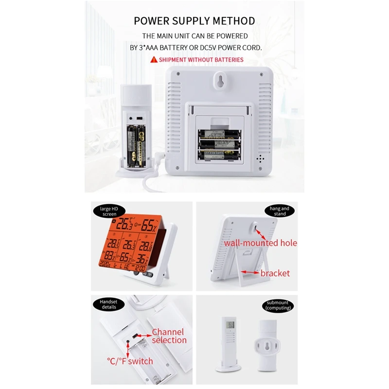 Termômetro digital higrômetro interno externo multifuncional temperatura umidade com sensor sem fio branco