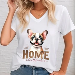 Cute French Bulldog T-Shirt Women Print Cartoon Animal Lovers Tshirts Short Sleeve V-Neck Fashion Brand French Bulldog T Shirt