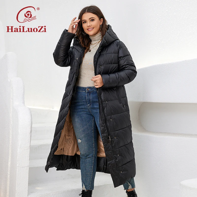 HaiLuoZi-chaquetas de talla grande para mujer, Abrigo con capucha gruesa, cinturón con cremallera, clásico, informal, Parkas, 2022, novedad de invierno, 6037