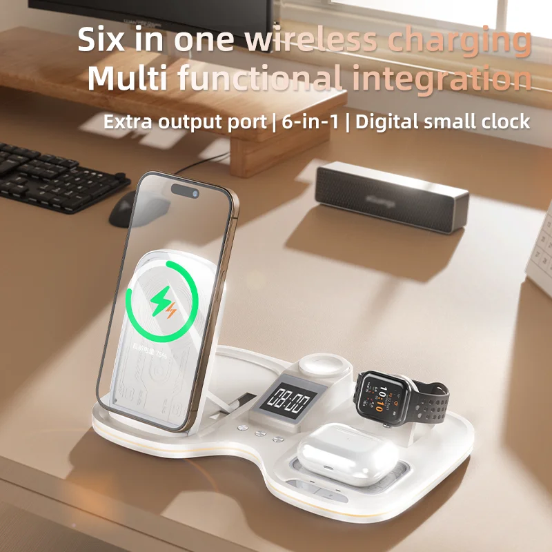 Domars 6 in 1 Desktop Wireless Charger Multifunctional with Digital Clock RGB Ambient Lighting for Iphone 16 15 14 Iwatch Airpod