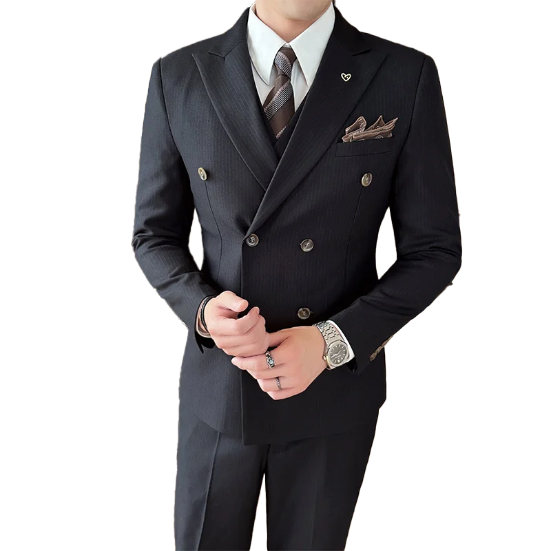 2023Men\'s High Sense (suit + Vest + Trousers) Double Breasted Weight 3/2 Piece Business Casual Bridegroom Wedding Dress Regular