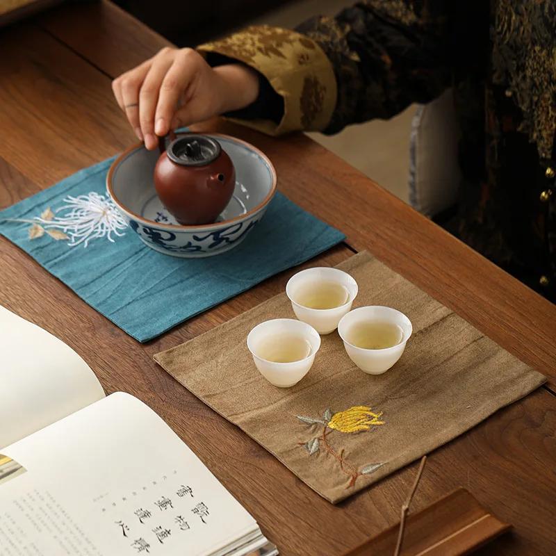 Chinese Style Embroidered Thick Absorbent Tea Towel Heat Resistant Mat For Kung Fu Tea Ceremony Home Tabletop Decor Craft Gift