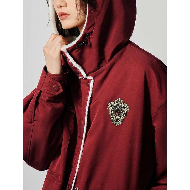 Toyouth Women Thick Coat 2023 Winter Long Sleeve Loose Hooded Jacket Academy Style Badge Fashion Warm Versatile Wine Red Tops