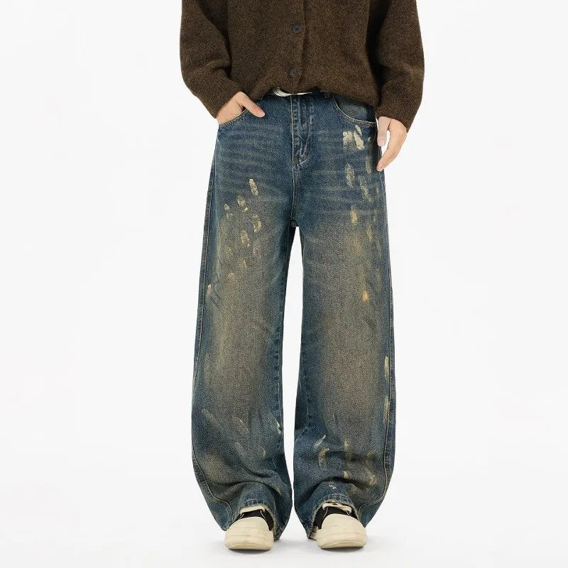 Paint Dots Splash Ink Washed Distressed Vintage Men's Jeans Wide Leg American Style Loose Straight Denim Long Pants