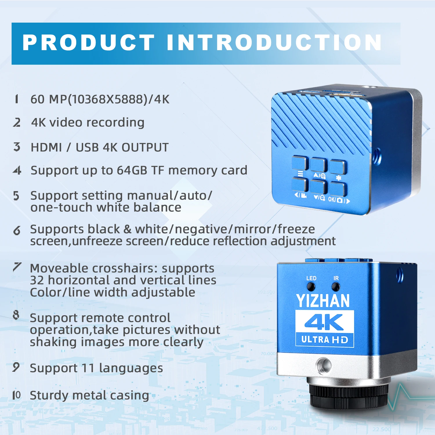 YIZHAN 4K/1080P 30FPS Electronic Digital Microscope HDMI USB/VGA HD Soldering Camera 150X Lens 0.3X/0.5X/2X Baelow Tools Repair