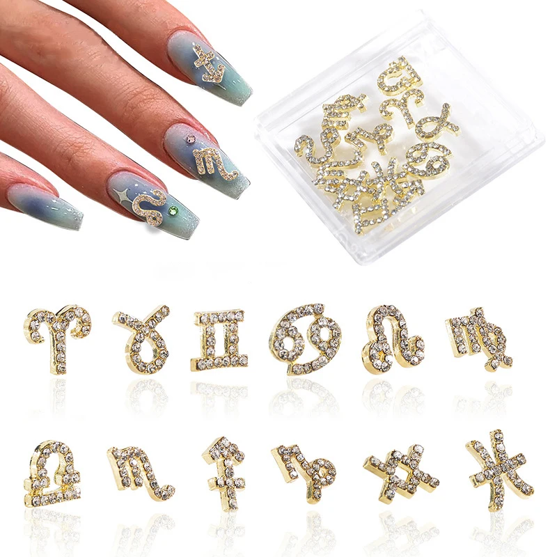 

10pcs Gothic Zodiac Signs Nail Charms Constellation Glitter Rhinestones Nail Art Alloy Jewelry DIY Nails Decoration Accessories