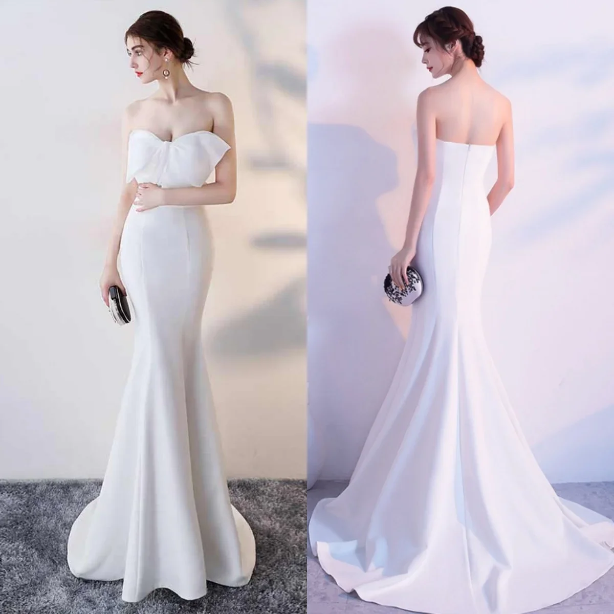 

Evening Dresses White Bow Stretchy Strapless Zipper Back Mermaid Trumpet Floor Length Women Party Formal Gowns YE011