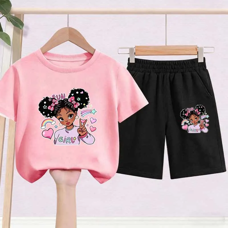 

Children's Fashion Cartoon Girls Print Casual Clothes Sets Kids Lovely Short Sleeve Pullover Tops & Shorts 2Pcs Outfit Tracksuit