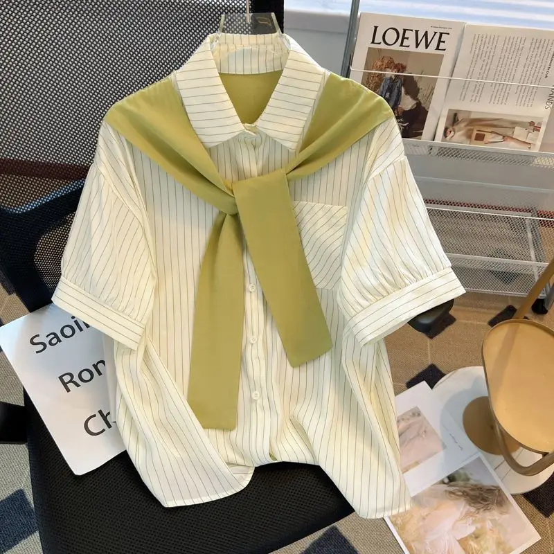 

Striped Shirt Shawl Short Sleeved Summer Korea France Senior Tops Female Patchwork Lapel Collar Single Row Buckle Light Luxury