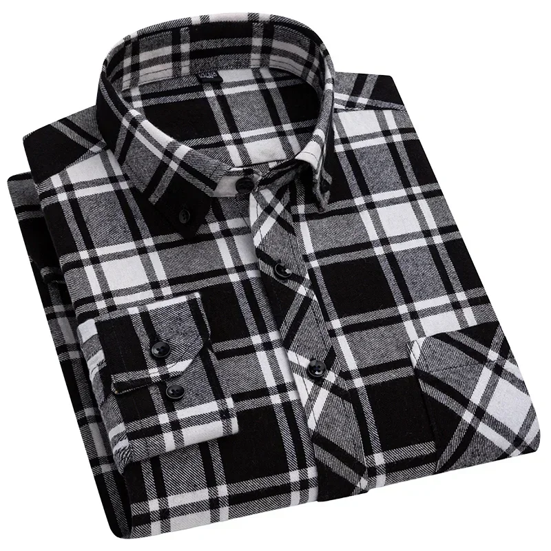 Autumn Winter Plaid Shirts Thick Flannel Shirt Standard-Fit for Men Long Sleeve Pure Cotton  Patch Pocket Design Young