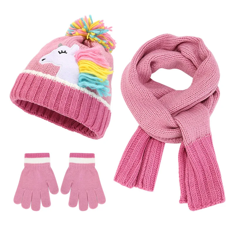 3-teiliges modisches Kinder-Winter-Einhorn-Mütze, Halstuch, Handschuhe, Set für 3–6 Jahre, gestrickt, warm, Schal, Mütze, Kinder-Beanie-Mütze