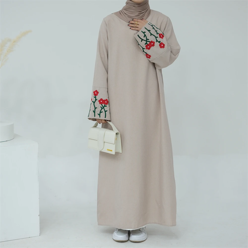 Flower Embroidery Dubai Abaya Modest Muslim Dress Women Loose Islamic Clothing Side Pockets Hijab Robe Casual Ramadan Eid