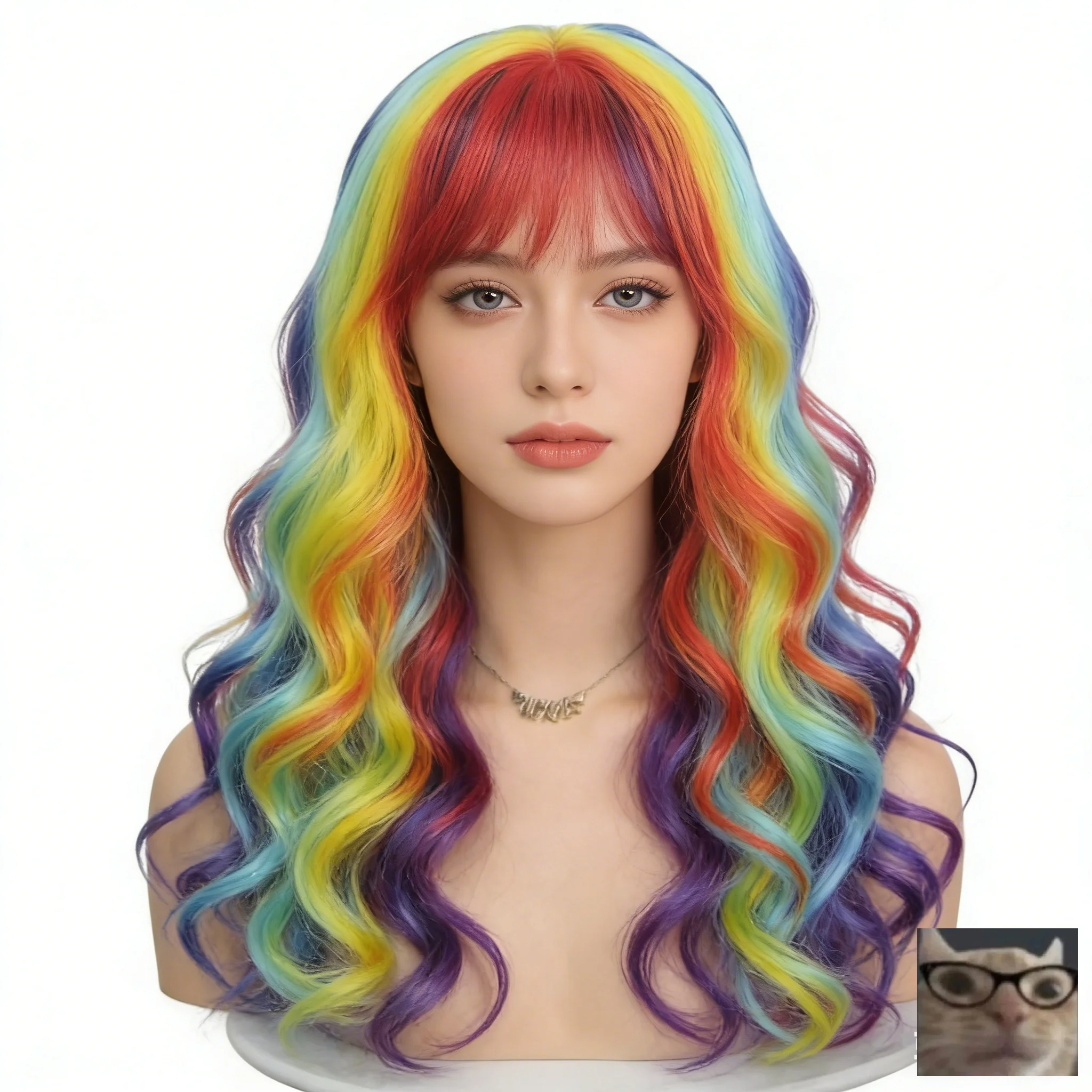 Rainbow Ombre Long Wavy Synthetic Wig with Side Bangs, Heat-Resistant Hairpiece for Cosplay, Halloween, and Party Looks
