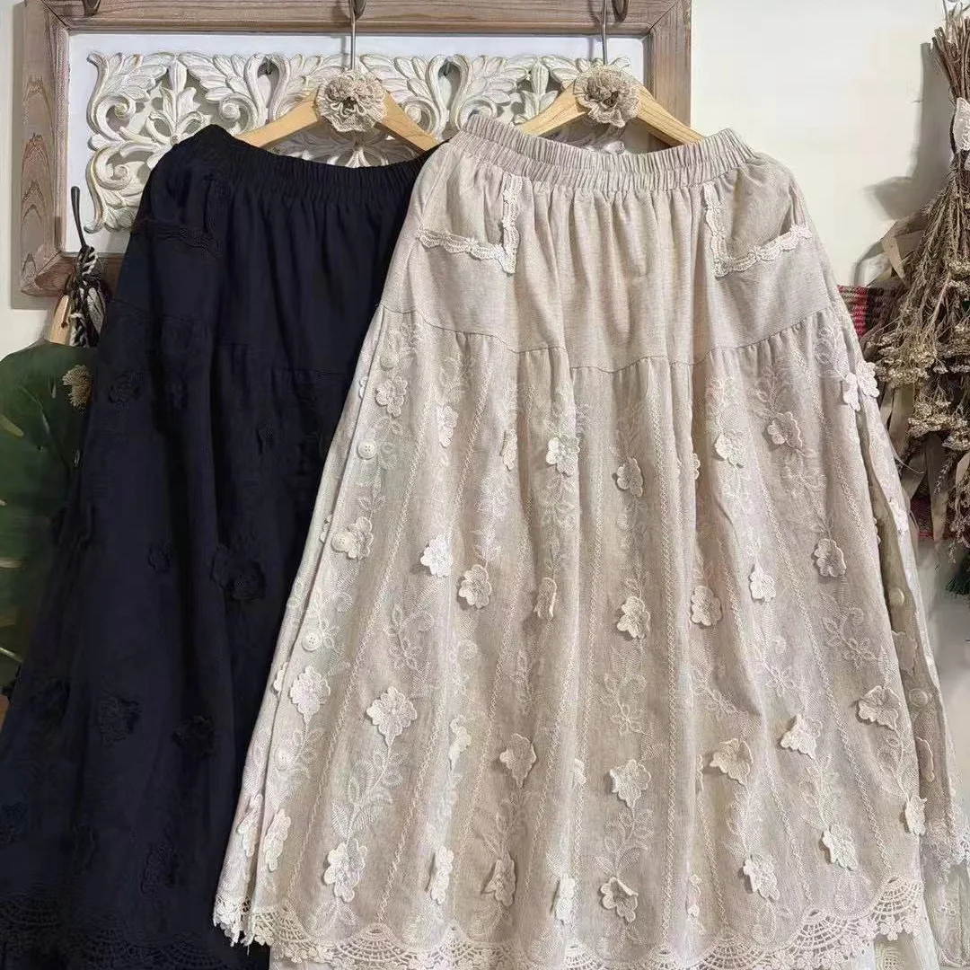 TIYIHAILEY Long Maxi Skirts Elastic Waist Autumn And Spring Beige Black Japanese Style 2026 Ladies Flowers Pockets Embroidery