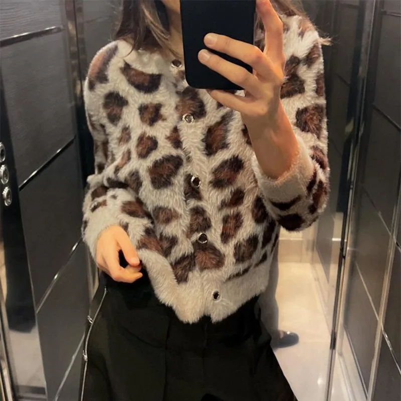 Talenza-cárdigan de punto con estampado de leopardo para mujer, suéter con estampado de una sola botonadura y cuello redondo, ropa de calle cálida, Chaqueta de punto para oficina