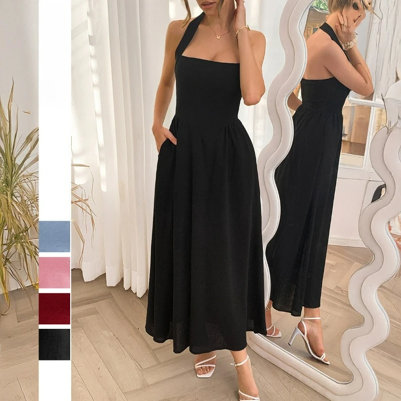 

Halterneck Long Dress Women Folds Backless Slim Fits Party Dresses Elegant Sleeveless Vestidos Pockets Lady Bodycon Night Summer