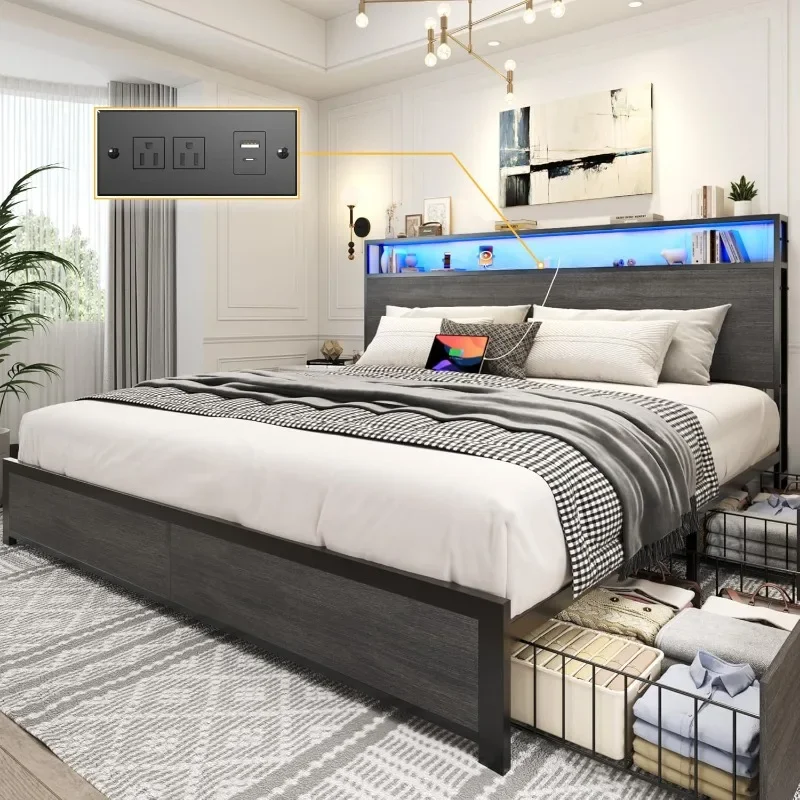 Lifezone King Bed Frame with 2-Tier Storage Headboard, Metal Platform Bed Frame with 4 Storage Drawers, Built in Charging