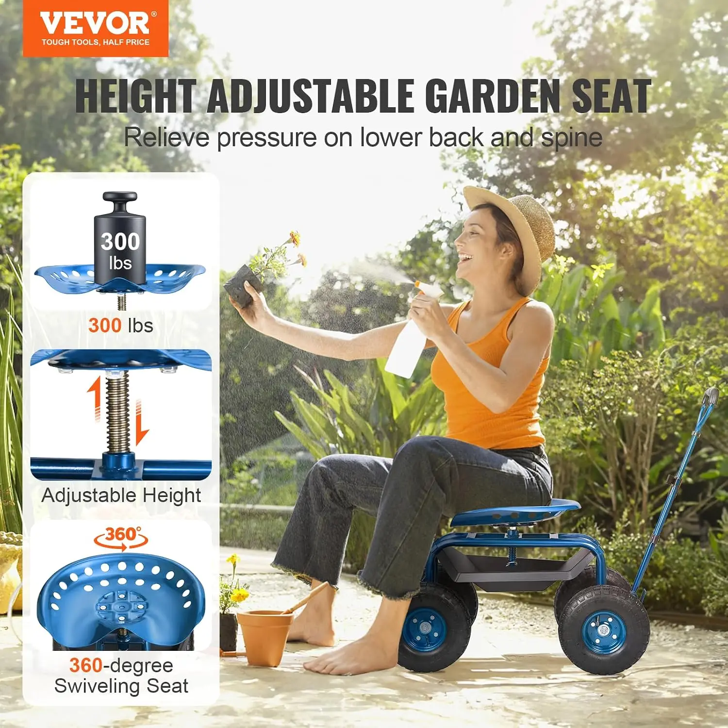 Garden Cart Rolling Workseat with Wheels, Gardening Stool for Planting, 360 Degree Swivel Seat, Wagon Scooter with Steering Hand
