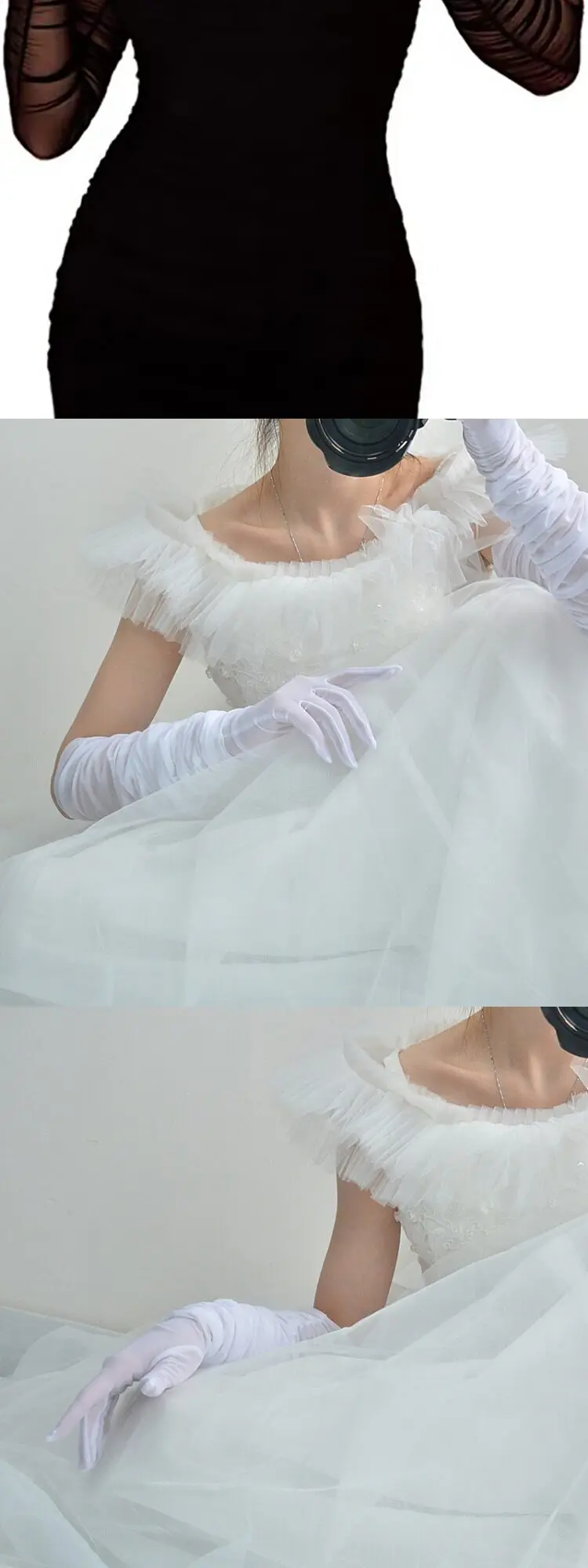 GERUNDETE LANGÄRMELIGE NETZHANDSCHEN Geraffte Plissierte Stretch-Tüll-Spitze Transparent Dunkelschwarz Damen-Accessoires Hochzeit Lange Ärmel Sexy Manschetten – Detail 2