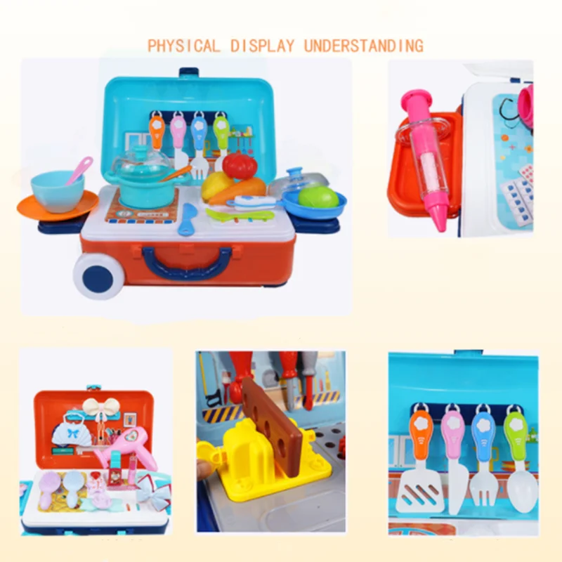 Portable Suitcase Kids Pretend Play Simulation Toy Set Simulation Kitchen Make Up Set Doctor Toy Simulation Tool Toy Set