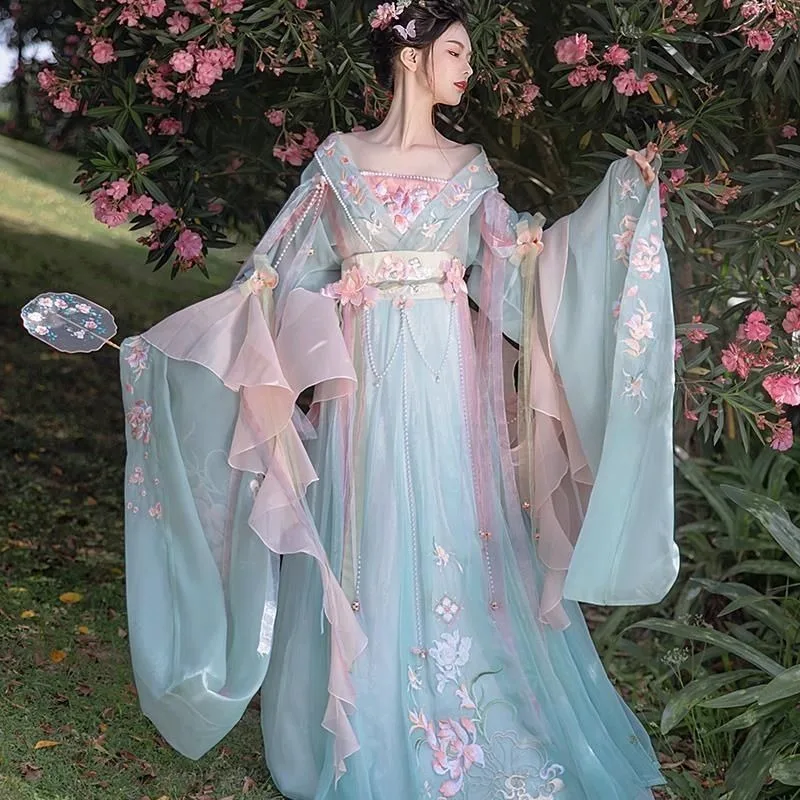 New female super fairy waist skirt ancient clothing Wei Jin big sleeve shirt off the shoulder hanfu