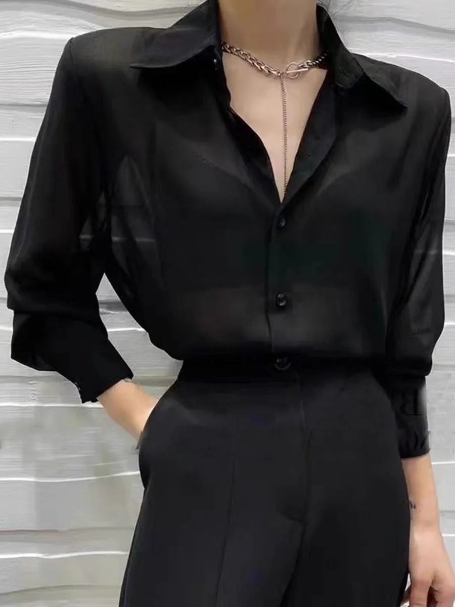 Sun-proof Transparent Shirt Female Mesh Long Sleeve Top Solid Color Summer Loose Chiffon Blouse Korean Fashion Cardigan Ladies