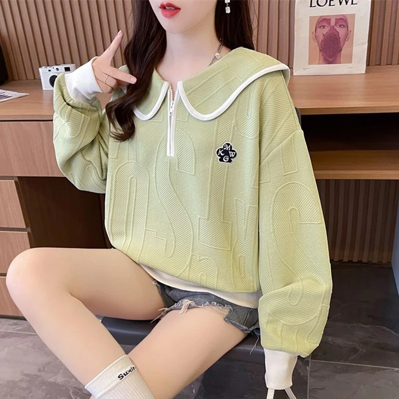 

Sweet Sailor Collar Zipper Spliced Embroidery T-Shirts Female Clothing 2024 Autumn New Loose Casual Tops Young Style Tee Shirt