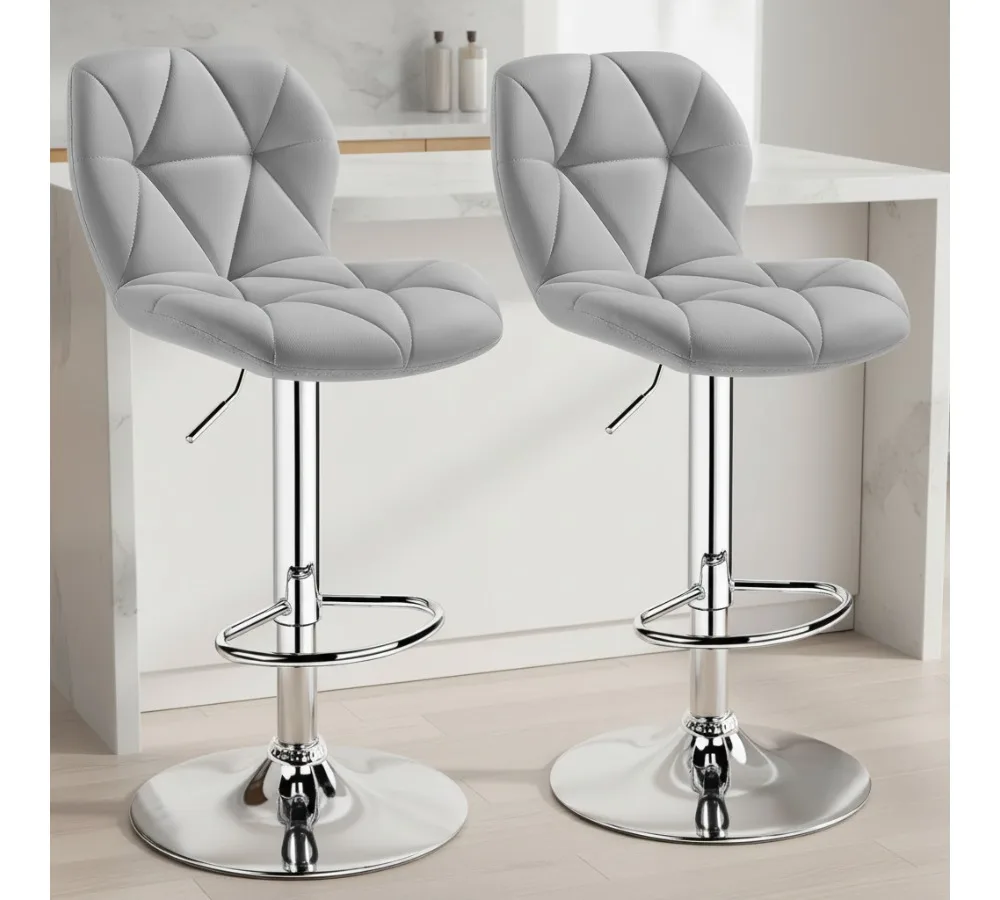 

Grey Bar Stools Set of 2, Adjustable Height Swivel Chairs with Backrest, PU Leather Kitchen Counter Stools for Home Bar & Cafe