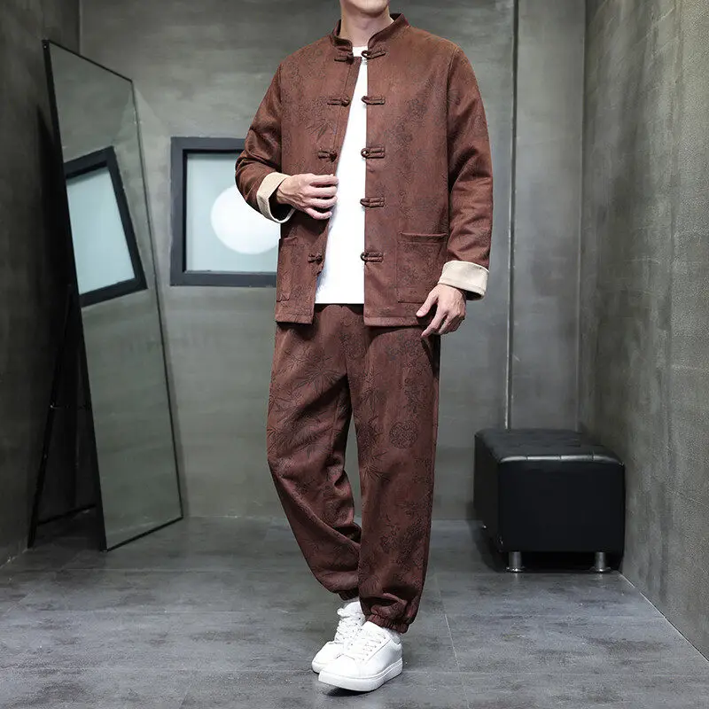 2026 Autumn Winter Chinese Style Print Jacket & Pants Set - Frog Button Closure Men's Two-Piece Outfit, Loose Fit Asian Sets 5XL
