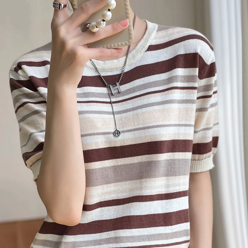 Women's Summer New 100% Pure Cotton Knitted Sweater Short-Sleeved Casual Striped T-Shirt Loose Round Neck Top Fashionable Pullov