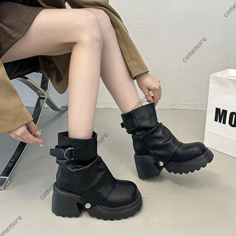 Comemore New Folded Round Head Thick Heel British Style Boot Spring Autumn Chunky Heeled Fashion Shoes Platform Short Booties