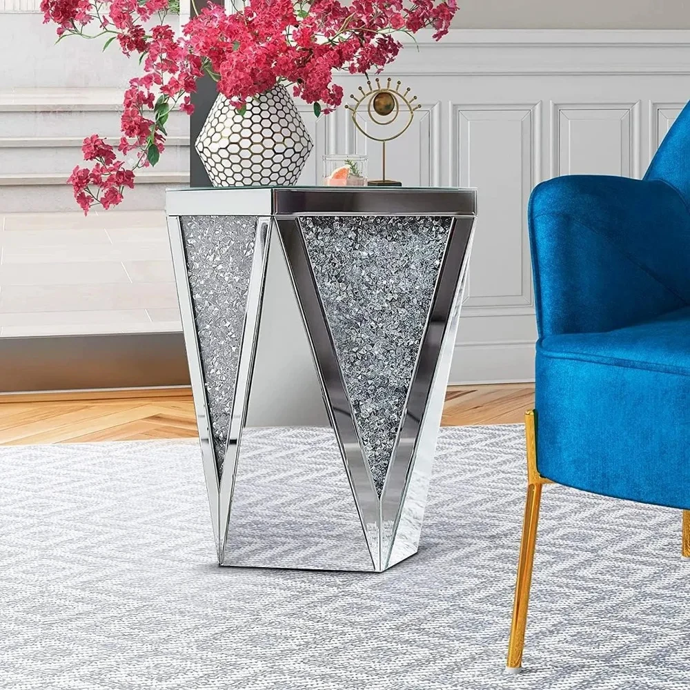 Silver Mirrored End Table, Crystal Inlay Side Table Accent Table, Small Mirrored Coffee Table for Living Room, Bedroom YX125TB