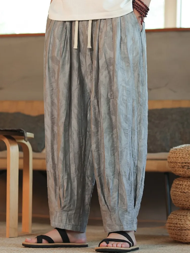 

Новые китайские шелковые вышитые мужские летние тонкие свободные брюки-фонарики с широкими штанинами, прямые повседневные длинные брюки