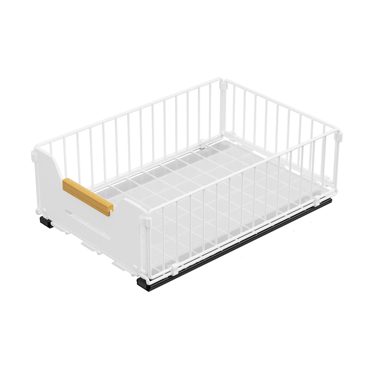 Sliding Kitchen Cabinet Basket with Pull Out Feature Sturdy Iron and Wood Construction for Long Term Use and Secure Storage