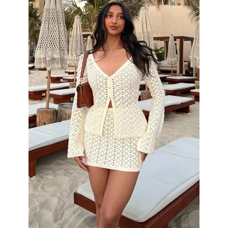 

Knit Hollow Out 2 Piece-Set Skirt Sets Women V-Neck Cardigan Coat And High Waist Mini Skirt Outfits Knitwear Beach Clothes