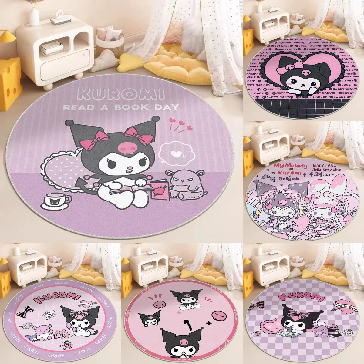 

MINISO Sanrio Cartoon Circular Carpet Kuromi Bedroom Dressing Table Mat Girl's Heart Study Chair Mat Kid Game Decor Floor Mat