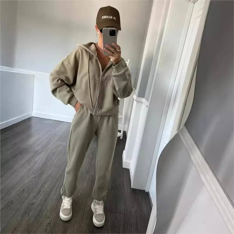 New Polyester Casual Women's Set Long Sleeve Zipper Hoodie Elastic Strap Pants Two Piece Set Street Wear Clothes Women Hooides