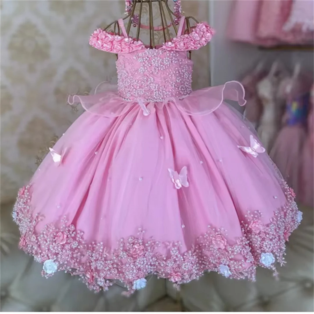 Personalizado primeiro vestido da menina do bebê pérolas rendas borboletas festa de aniversário infantil fora do ombro vestido de comunhão vestidos da menina de flor