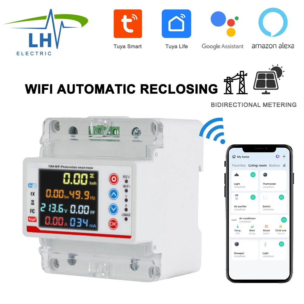 Inteligentny licznik energii jednofazowy 100A Tuya WiFi z dwukierunkową komunikacją, ochroną przed przepięciem, podnapięciem i upływem prądu, z możliwością płatności wstecznej.