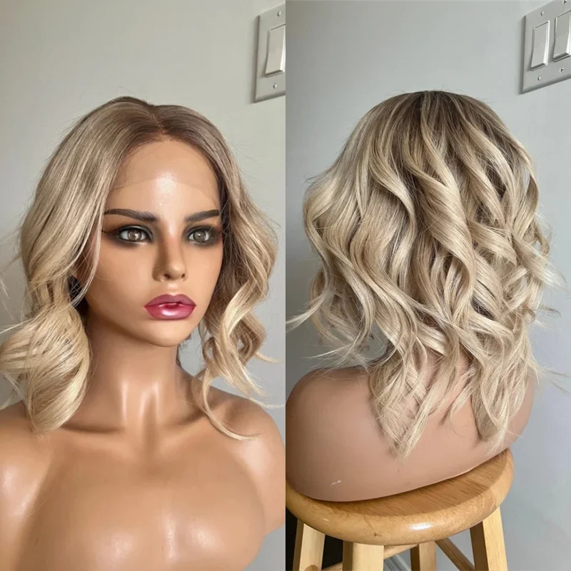 

Высококачественный парик 13x4 с эффектом омбре, кремово-пепельно-русый с мелированием, синтетический HD-парик с кружевной передней частью, без клея, с предварительно выщипанной линией роста волос, короткий волнистый боб