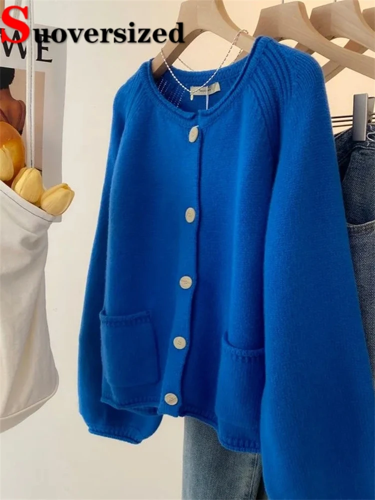 Klein Blue Korean Knitted Cardigan Women Long Sleeve Vintage Sweater Oversize Elegant Tops Coats Casual Spring Knitwear Outwear