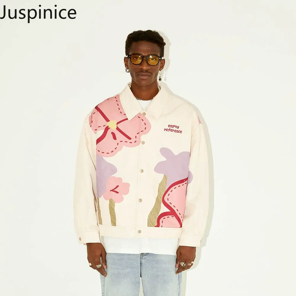 

Spring Pink Printed Long-sleeved Shirt Couple Casual High Street Personalized Loose Shirts Men Tops Jackets Male Clothes