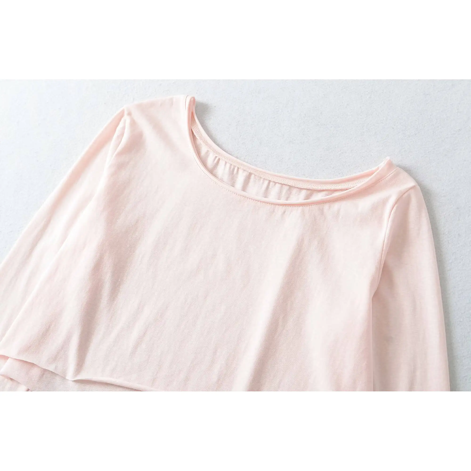 Early Autumn New Arrival Women's Fashion Simple Casual Slimming Bottom Roll up Sleeve Top Polyester Long Sleeve round Neck