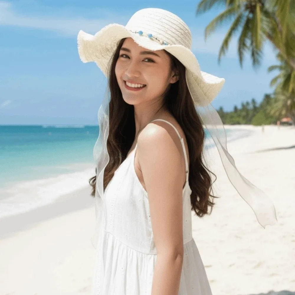 Breathable Vacation Beach Cap with Turquoise Lightweight Big Brimmed Straw Hat with Lace Sombrero Woven Sun Cap Performances