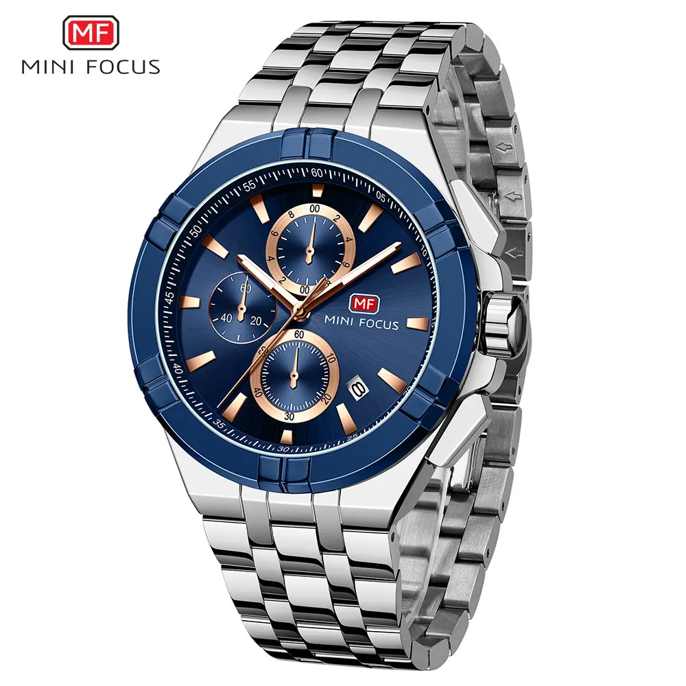 

MINI FOCUS Silver Blue Quartz Dress Watch Men Fashion Stainless Steel Chronograph Wristwatch with Auto Date Luminous Hands 0471