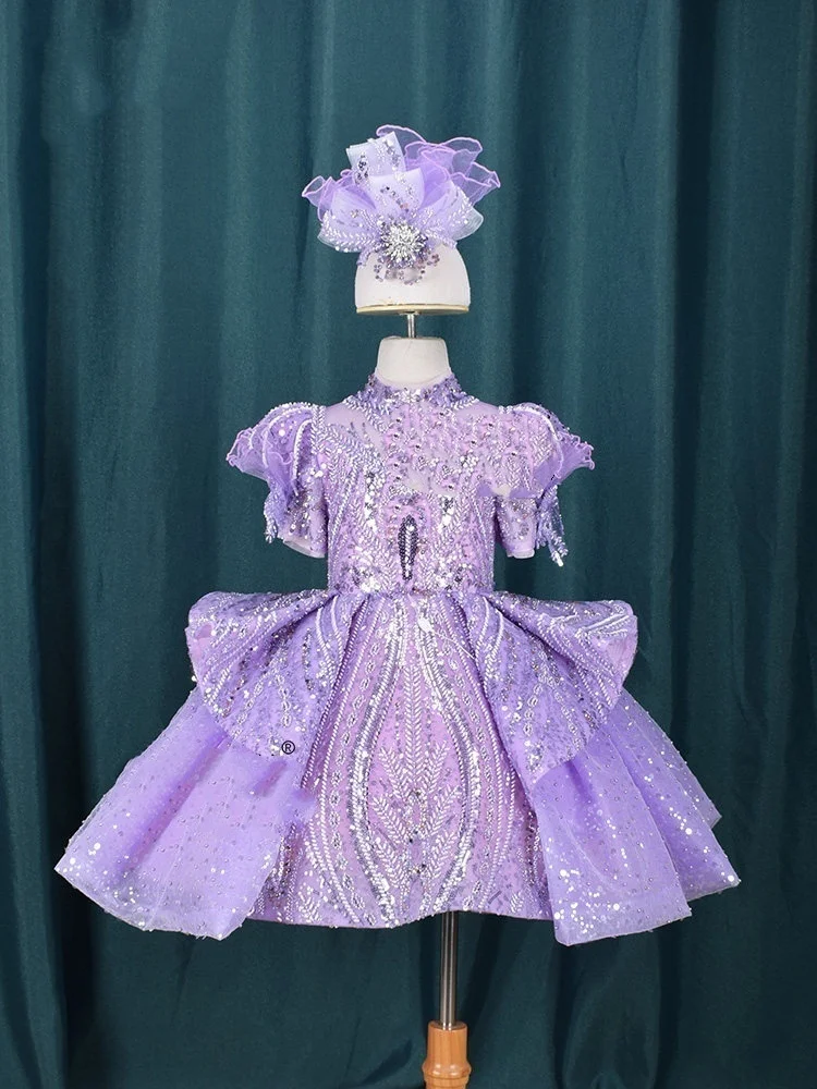 Custom Flower Girl Dress Wedding Gown Birthday Party Pageant High Neck Puff Sleeve Sequin Tulle Baby Dress  