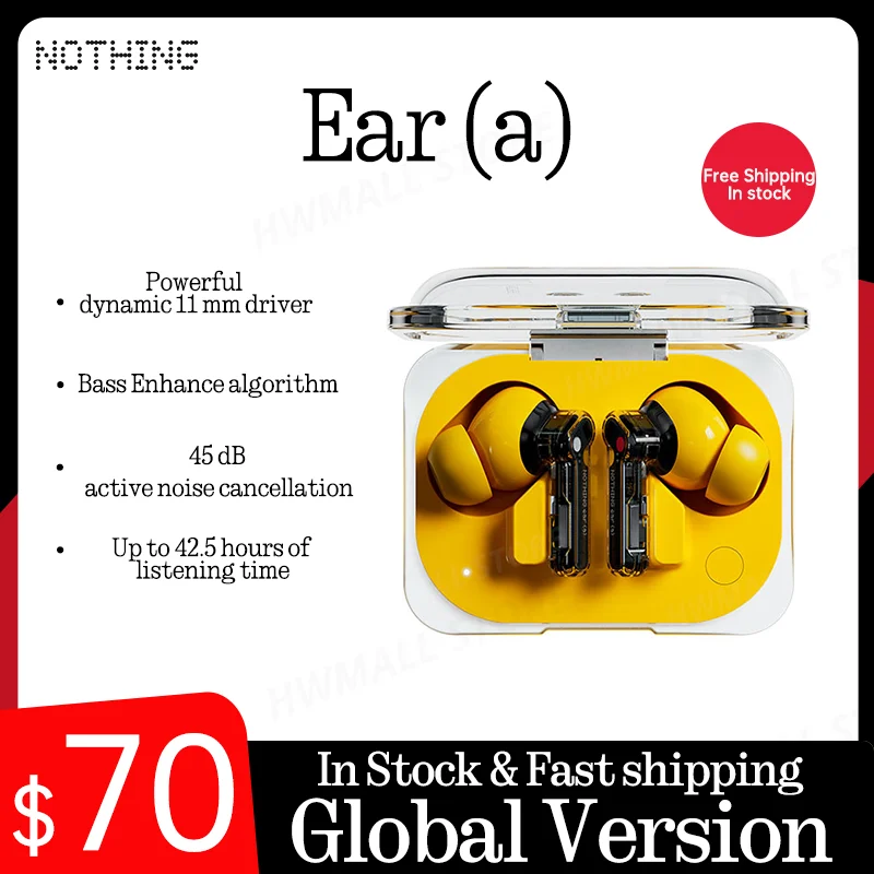 Nothing Ear (a) 45 dB active noise cancellation  Powerful dynamic 11 mm driver Up to 42.5 hours of listening time