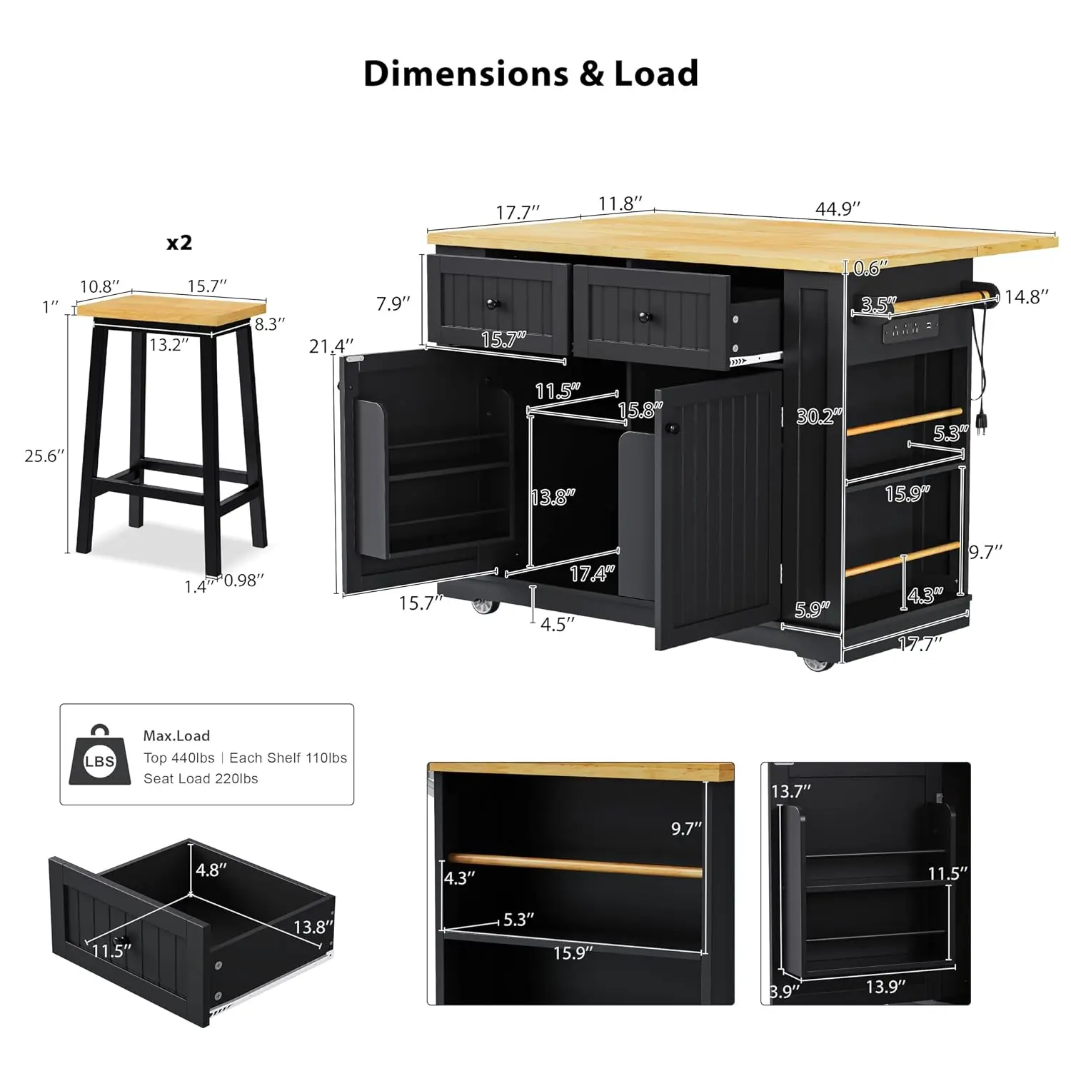 Kitchen Island with Stools, Outlet, 4 Shelves, Drop Leaf, 5 Wheels, 5 Racks, 2 Drawers for Kitchen & Dining, Black, Customized
