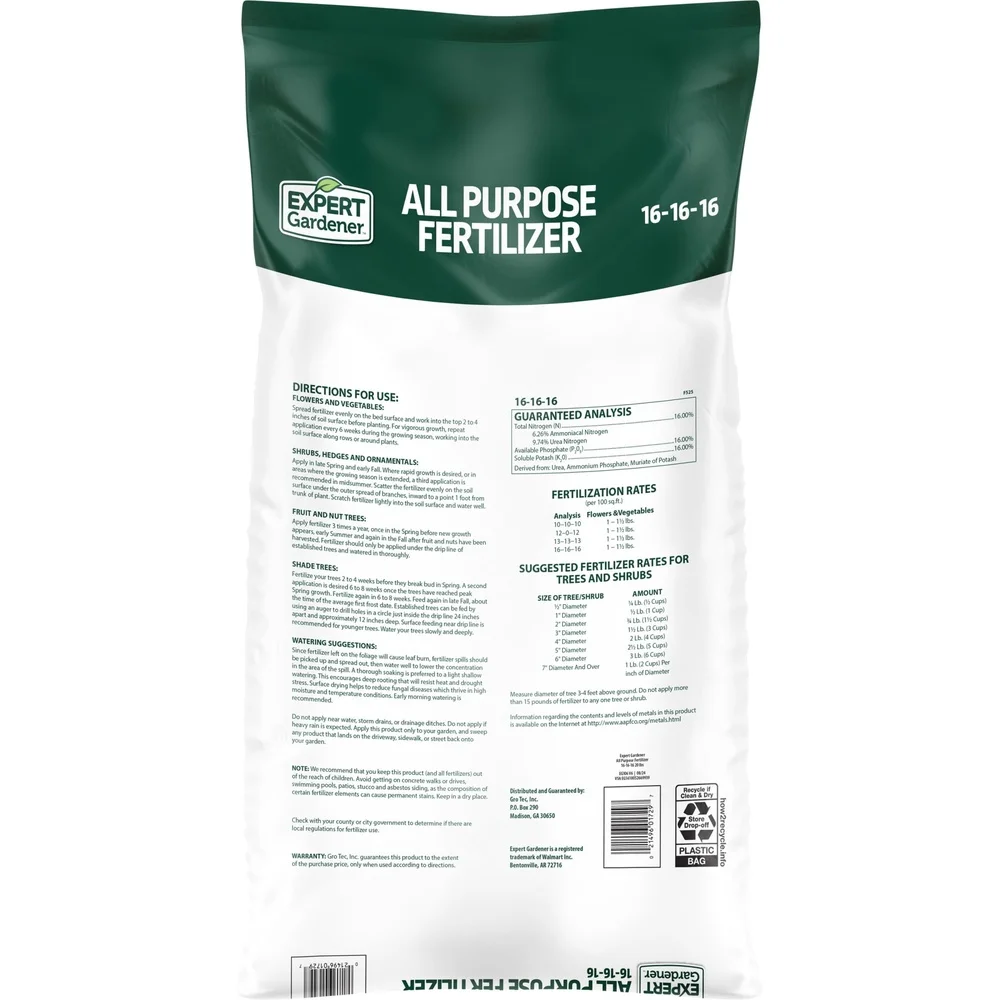 أسمدة طعام نباتية لجميع الأغراض 16-16-16 أشجار NPK المتوازنة شجيرات الزهور والخضروات والحدائق 20 رطل مقاومة للطقس 2000 مربع