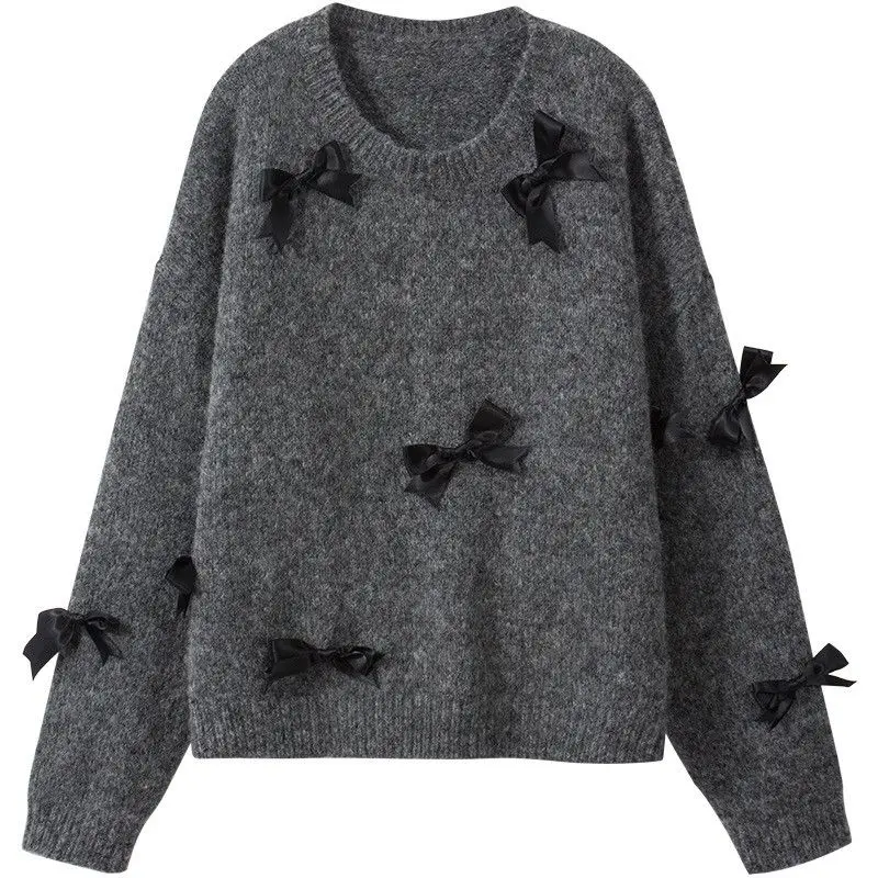 2024 Winter New Fashionable Grey Casual Bow Sweater for Women Autumn and Winter Loose Unique Short Sleeve Knitted Top for Women